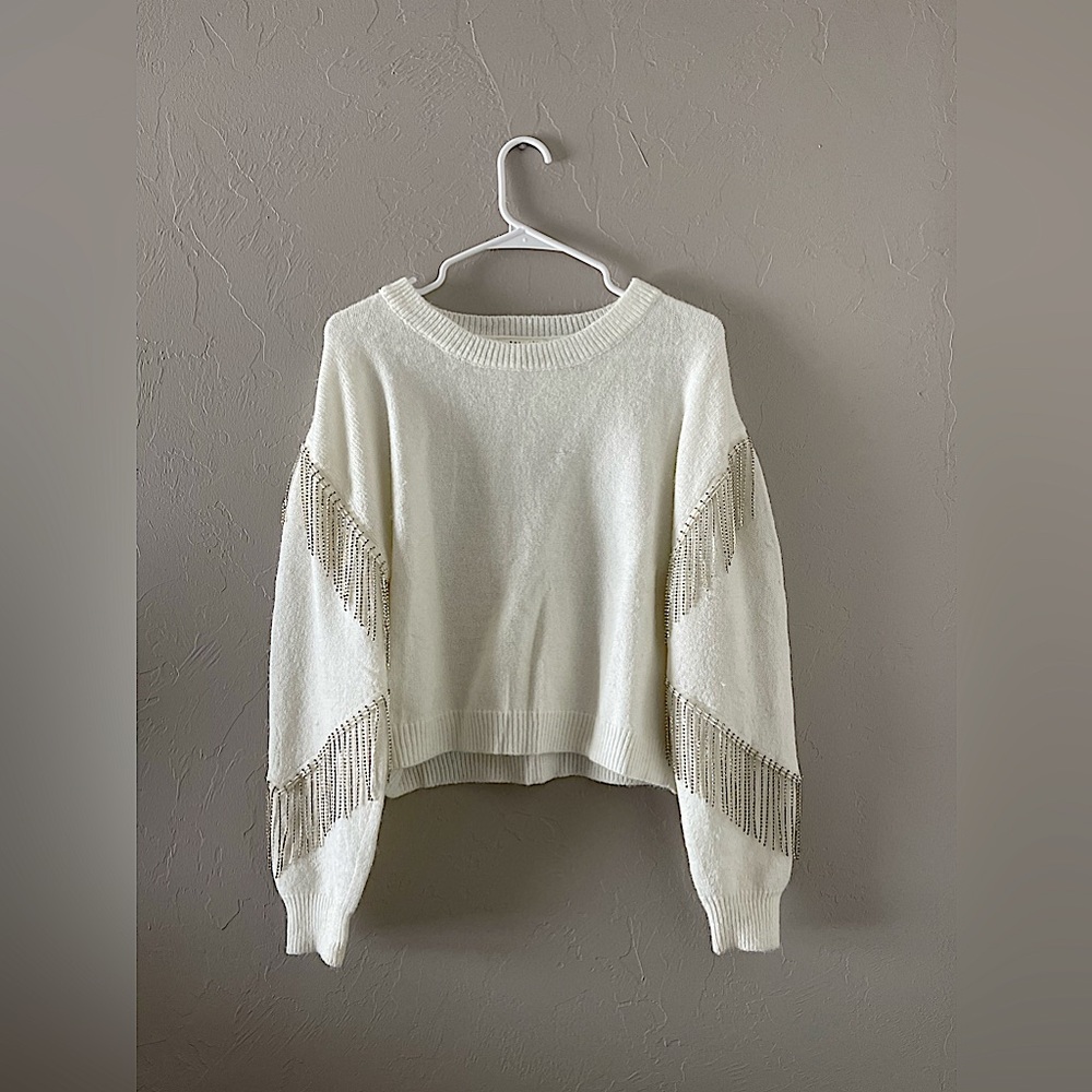 BaeVely White Crystal Fringe Sweater
